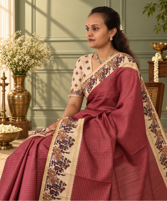 Heritage Folk Art Tussar Silk Saree – Brick Red