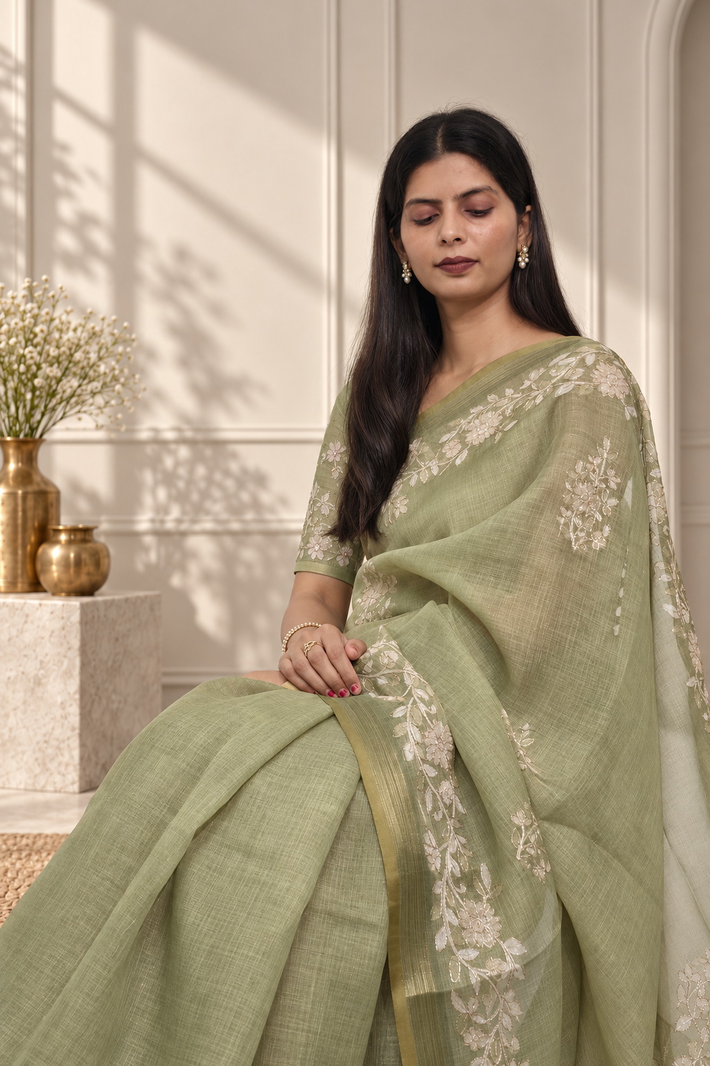 Pistachio Green Linen Saree with Handcrafted Aari Floral Embroidery