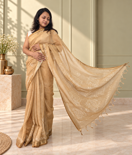 Golden Tissue Linen Saree with Handcrafted Aari Patchwork & Zari Detailing