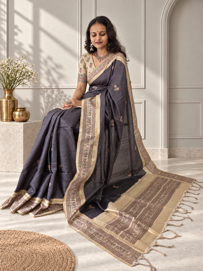 Madhubani Folk Art Charcoal Grey Tussar Silk Saree