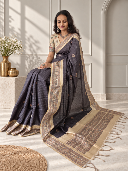 Madhubani Folk Art Charcoal Grey Tussar Silk Saree