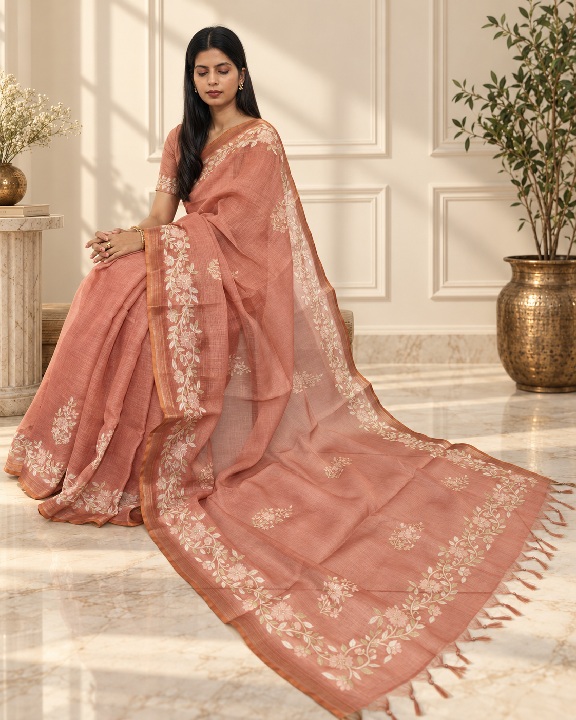 muted terracotta linen saree with handcrafted aari floral embroidery