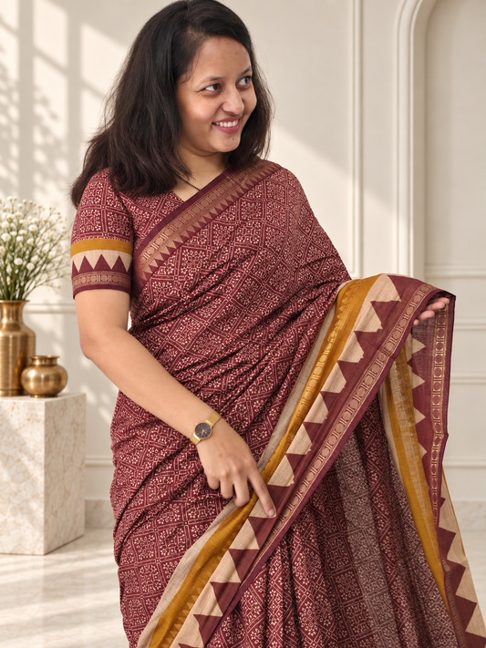 Wine Soft Cotton Saree with Zari Border