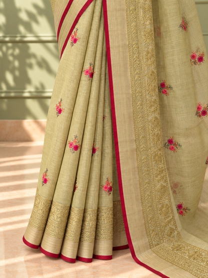 Dark Mustard Linen Saree with Hand Embroidered Kantha Work