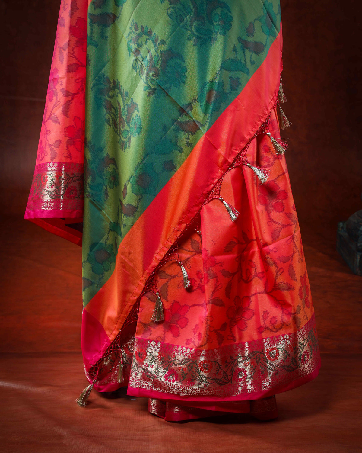 Meadow Bloom Vermilion Multicolour Soft Silk Saree with Meena Border