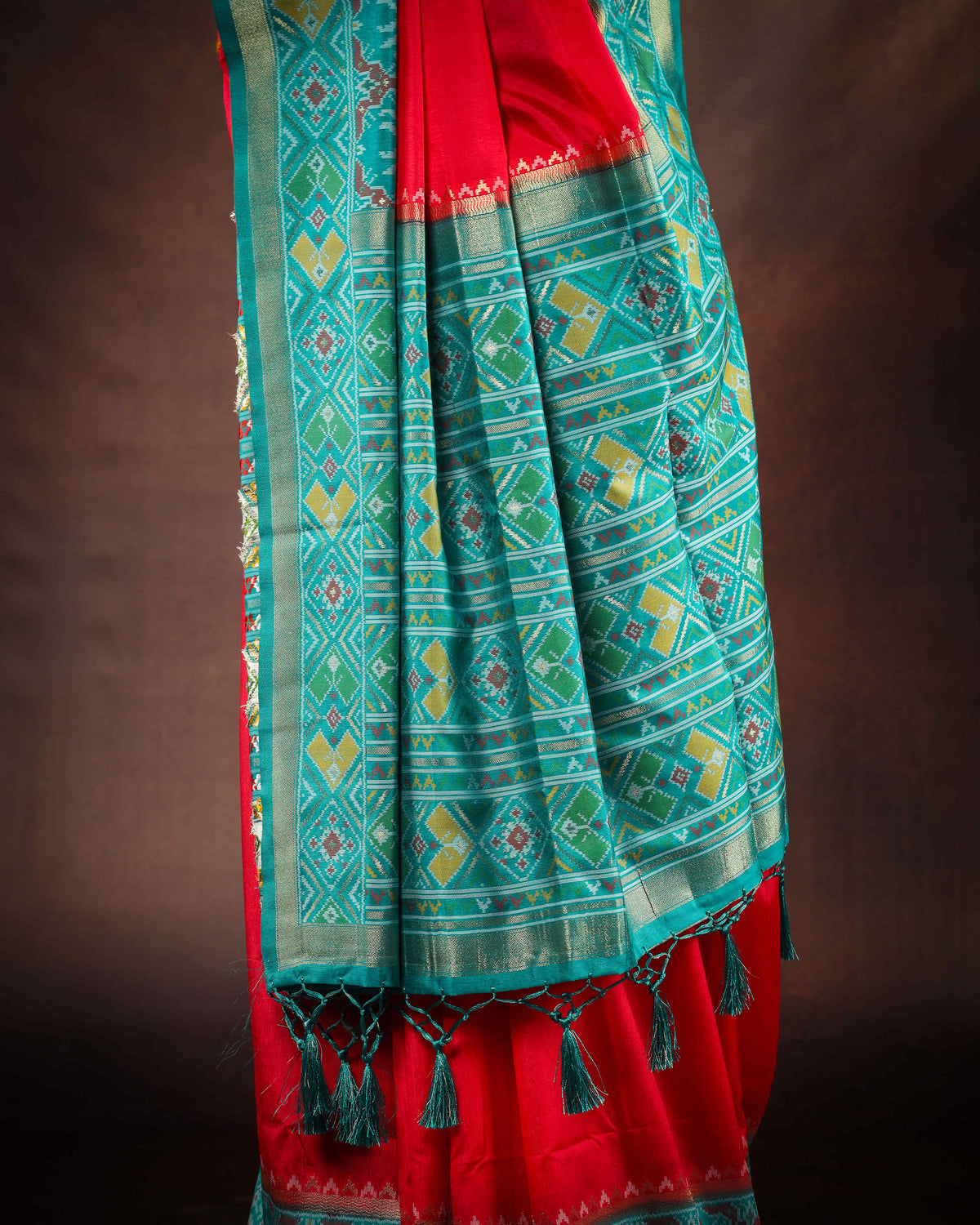 Teal Blue & Rich Red Patola Silk Saree with Elephant Motif