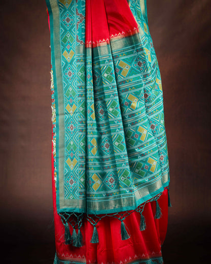 Teal Blue & Rich Red Patola Silk Saree with Elephant Motif