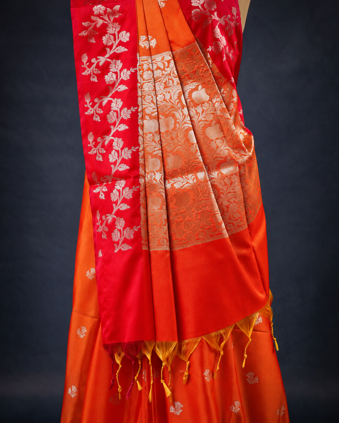 red orange open border meenakari floral butta saree