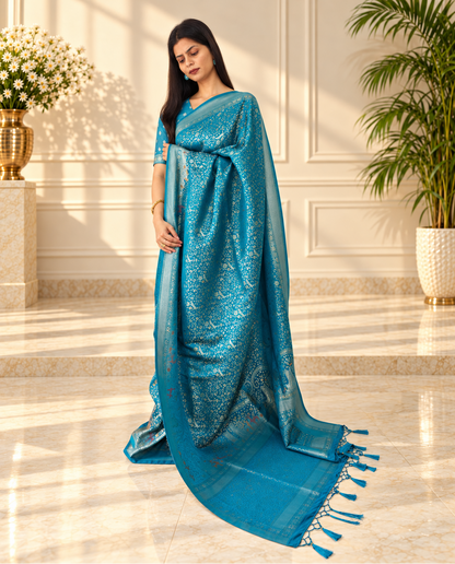 Aqua Blue Pure Mashru Silk Handwoven Banarasi Saree with Rich Zari Border