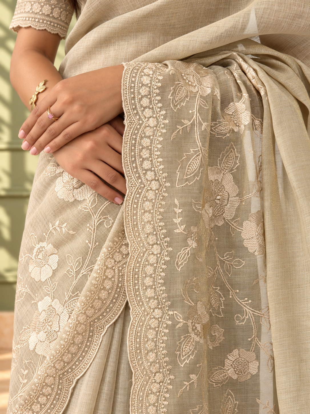Ivory Linen Tissue Cotton Saree with Intricate Floral Embroidery