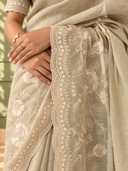 Ivory Linen Tissue Cotton Saree with Intricate Floral Embroidery
