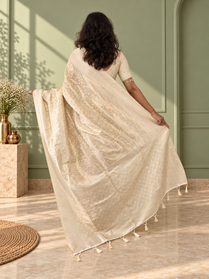 Ivory Banarasi Silk Saree with Heavy Floral Weaving & Rich Woven Border