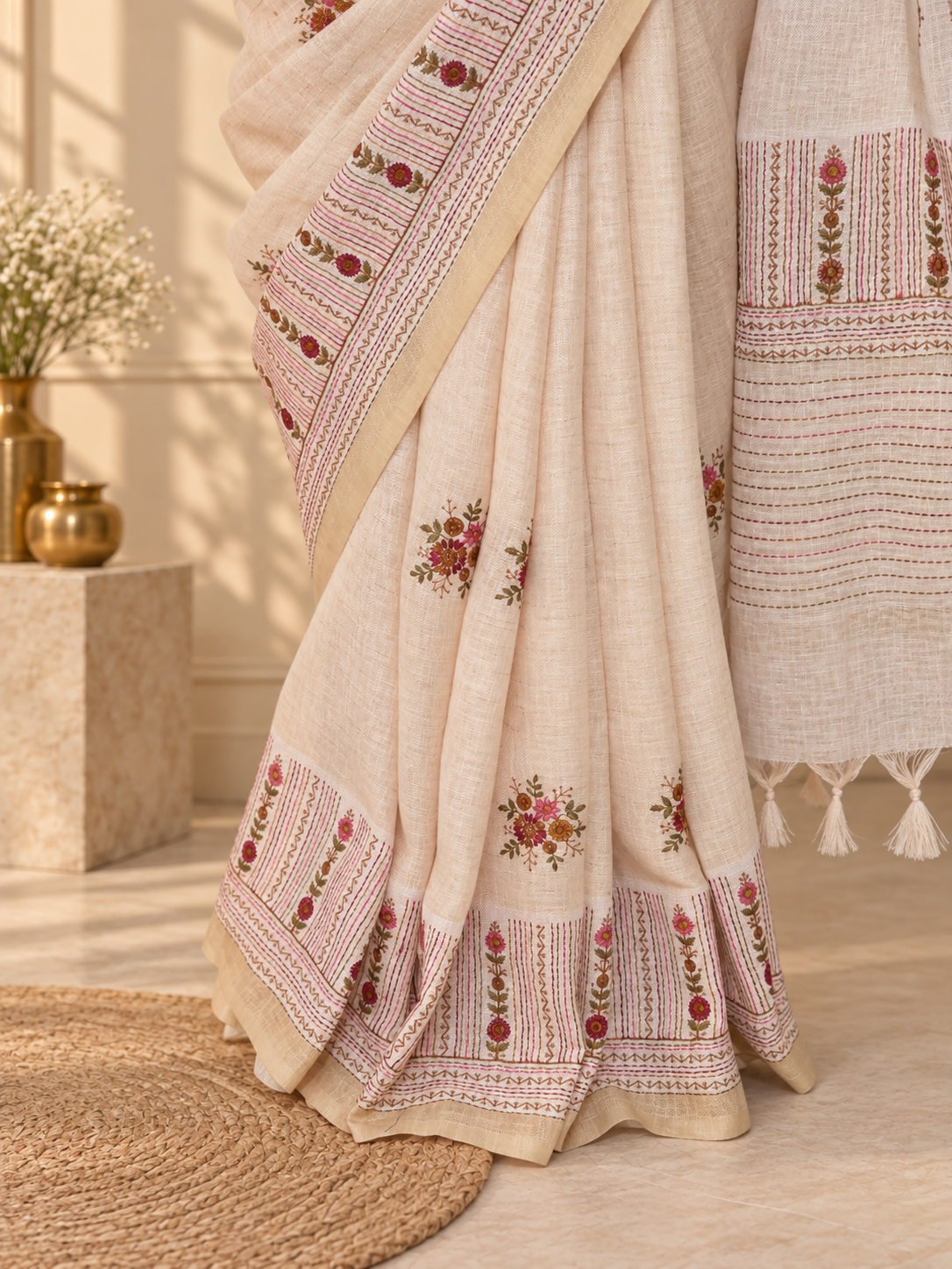 linen silk handloom saree with multicolour katha stitch hand embroidery