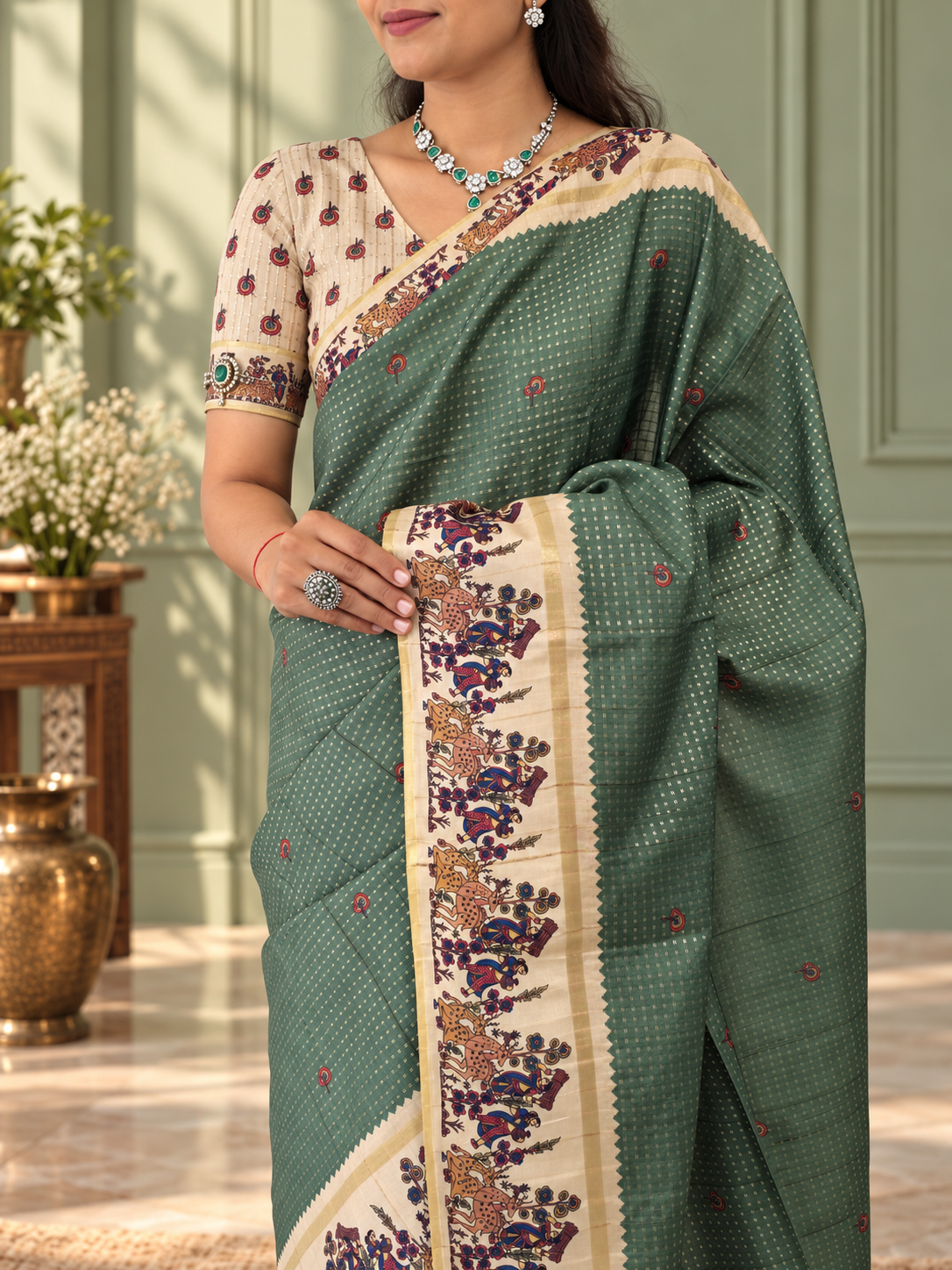 heritage folk art tussar silk saree – sage green