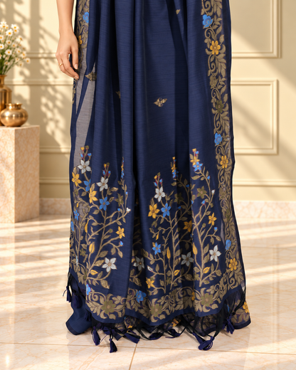 Navy Blue Cotton Handwoven Jamdani Saree with Multicolour Floral Design