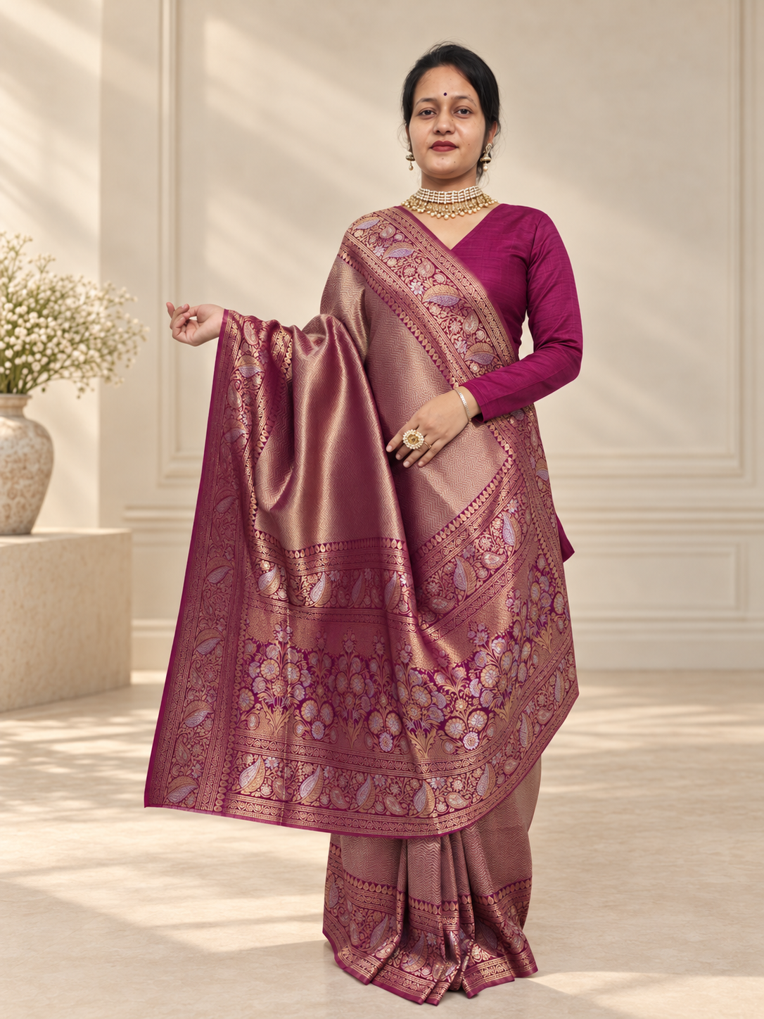 deep berry magenta uppada pure silk saree with floral nakshatra border