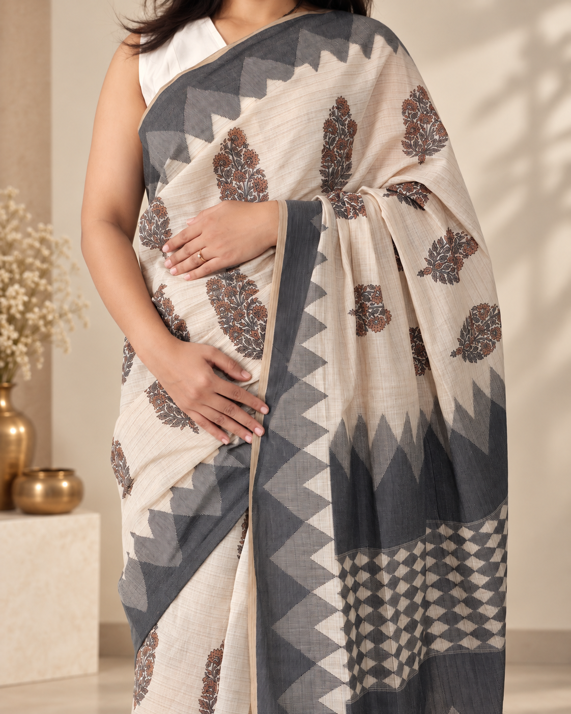 ivory pure chanderi cotton handloom saree with dhakai block print