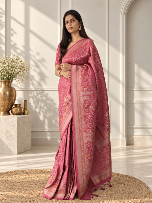 Rose Pink Pure Mashru Silk Handwoven Banarasi Saree with Rich Zari Border