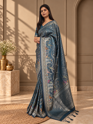 Teal Blue Pure Mashru Silk Handwoven Banarasi Saree with Rich Zari Border