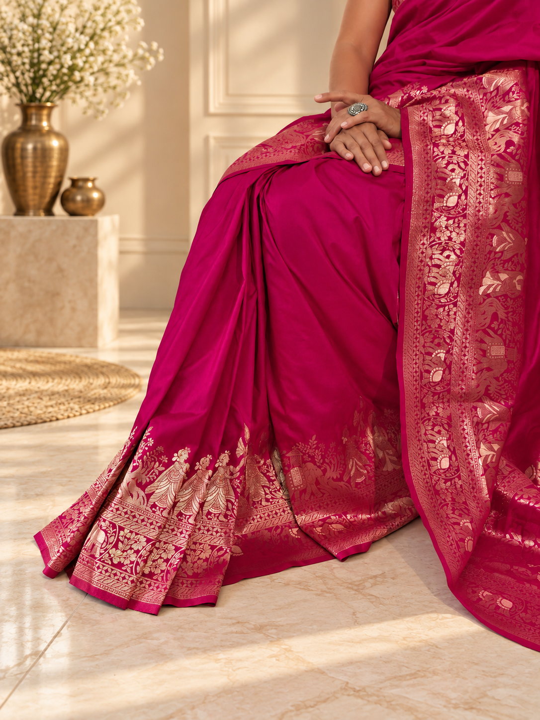 Rani Pink Woven Banarasi Silk Saree with Gold Zari Elephant & Floral Border