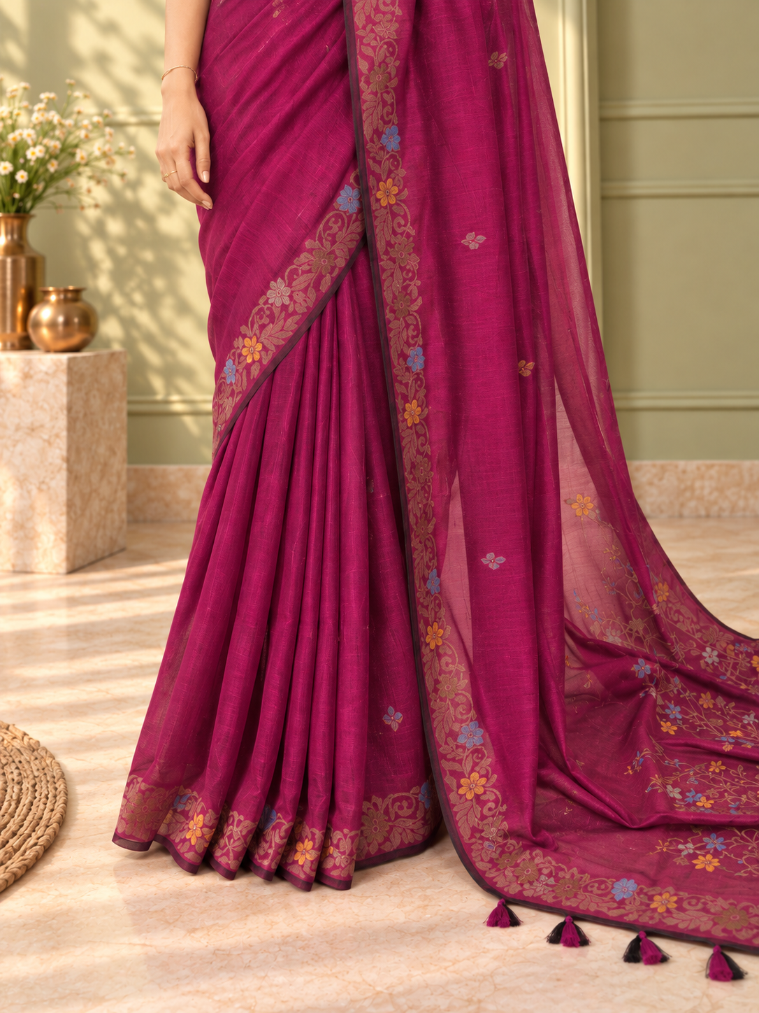 purple cotton handwoven jamdani saree with multicolour floral design