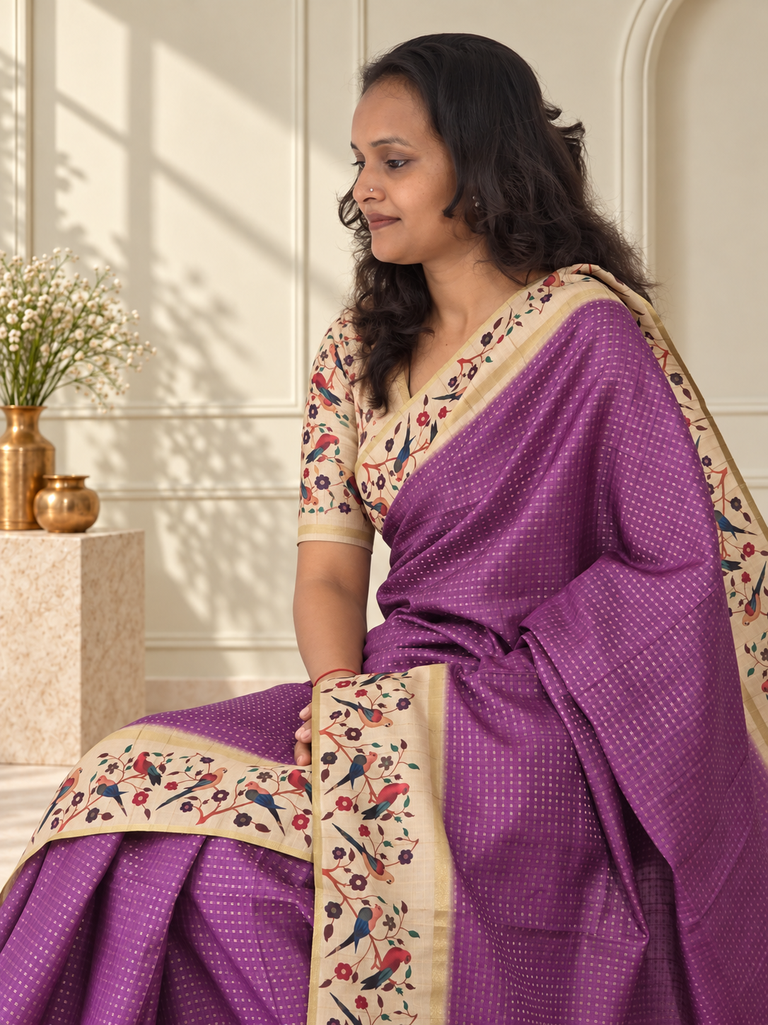 bird & floral print muted plum purple tussar silk saree