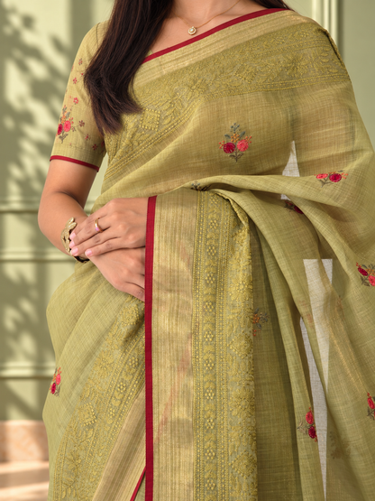 Dark Mustard Linen Saree with Hand Embroidered Kantha Work