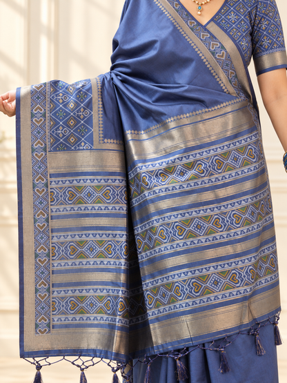 Slate Blue Silk Gala Patola Broad Border Saree