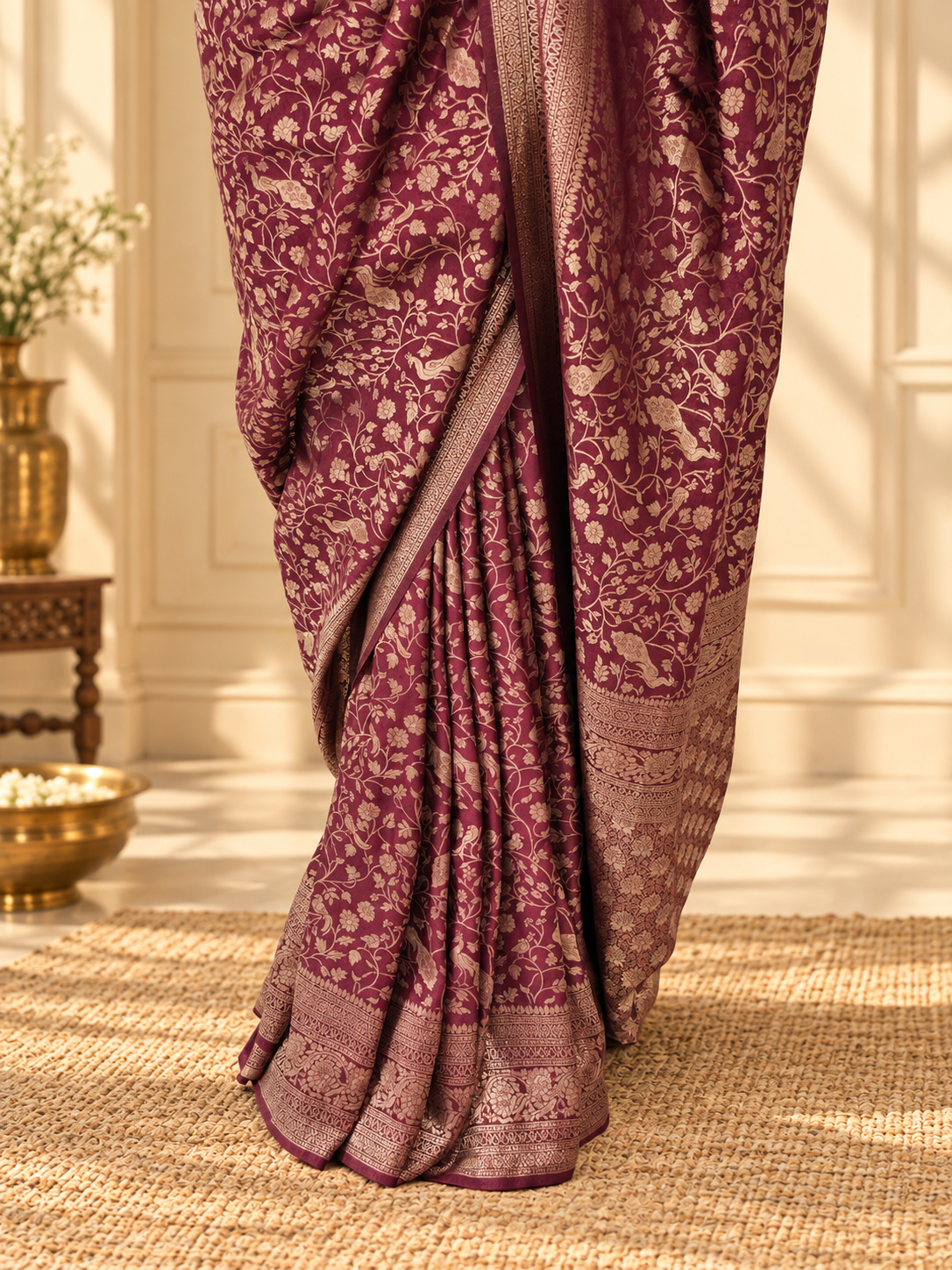 Wine Banarasi Silk Saree with Heavy Floral Weaving & Rich Woven Border