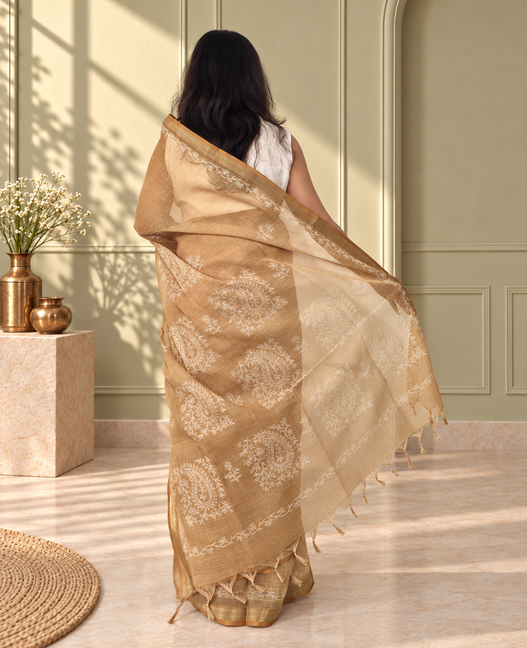 golden tissue linen saree with handcrafted aari patchwork & zari detailing