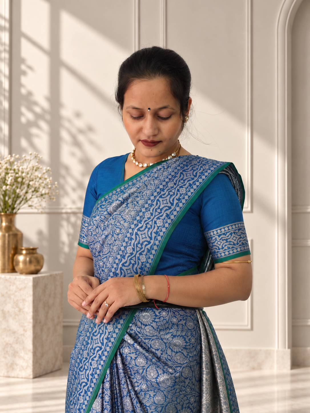 Blue Crepe Jaal Silk Saree with Matching Floral Border