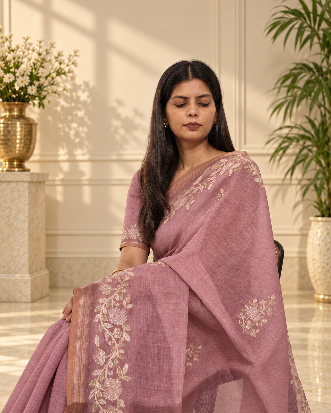 dusty mauve linen saree with handcrafted aari floral embroidery