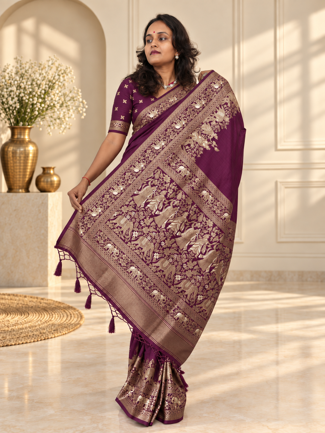 wine woven banarasi silk saree with gold zari elephant & floral border