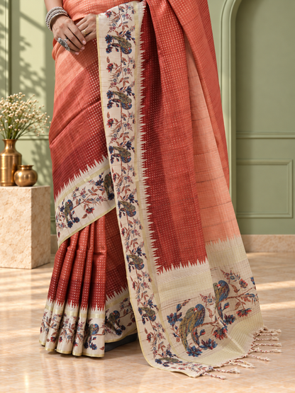 Terracotta Tussar Silk Katha Print Saree with Parrot Pallu