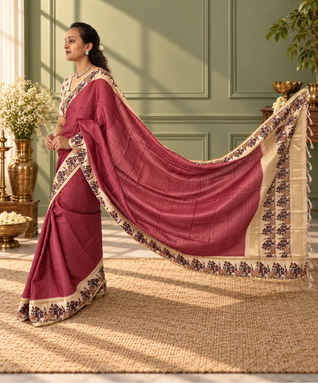 Heritage Folk Art Tussar Silk Saree – Brick Red