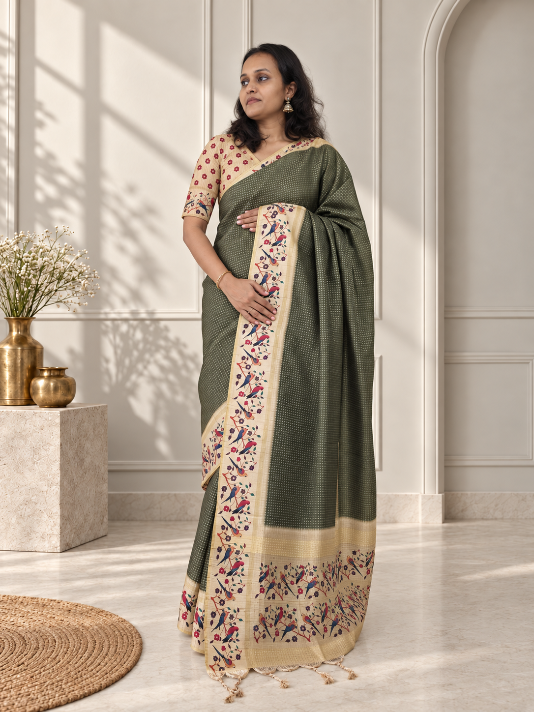 bird & floral print deep olive green tussar silk saree