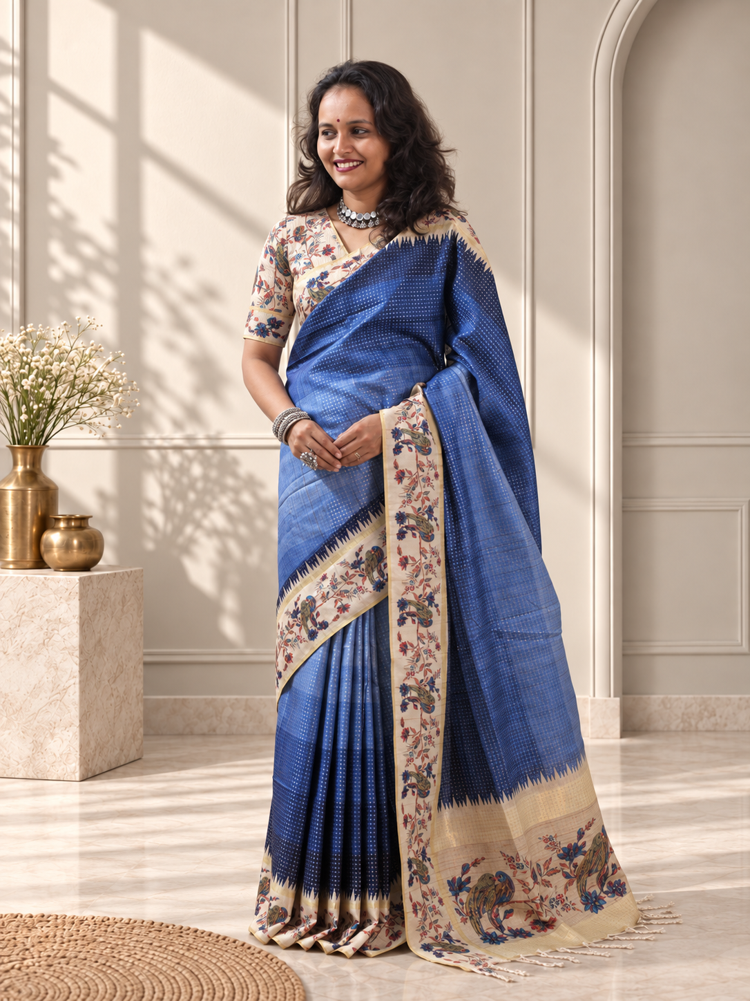 navy blue tussar silk katha print saree with parrot pallu