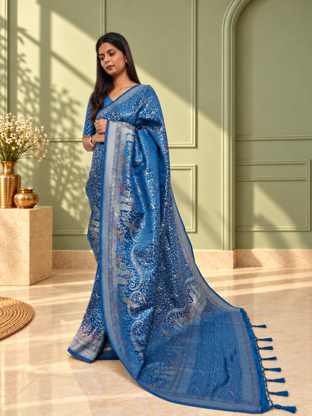 royal blue pure mashru silk handwoven banarasi saree with rich zari border
