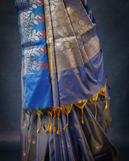 Royal Blue A Silk Fancy Open Border Butty Self Saree