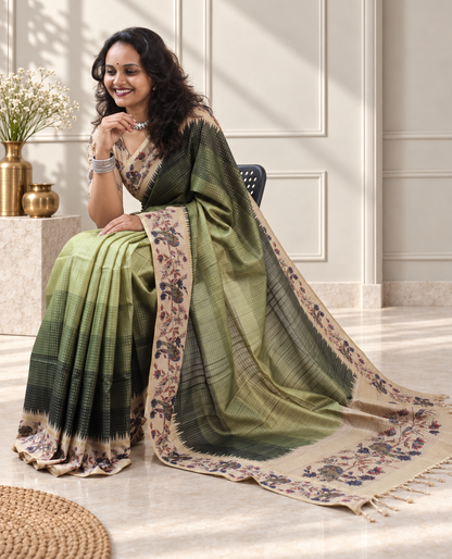 Olive Green Tussar Silk Katha Print Saree with Parrot Pallu
