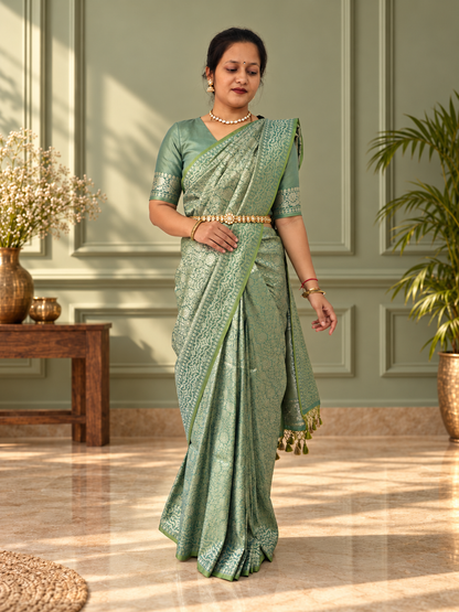 Sage Green Crepe Jaal Silk Saree with Matching Floral Border