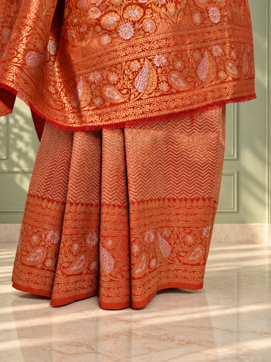 rust orange uppada pure silk saree with floral nakshatra border