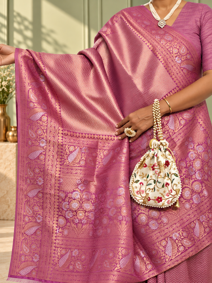 Dusty Mauve Uppada Pure Silk Saree with Floral Nakshatra Border