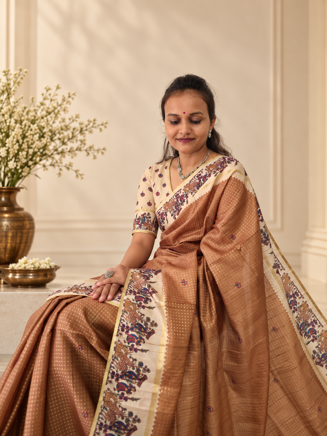 Heritage Folk Art Tussar Silk Saree – Camel Beige