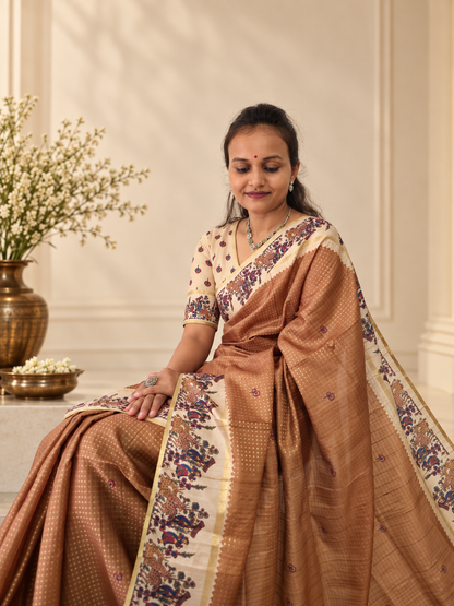 Heritage Folk Art Tussar Silk Saree – Camel Beige