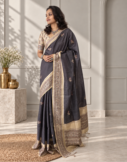 Madhubani Folk Art Charcoal Grey Tussar Silk Saree