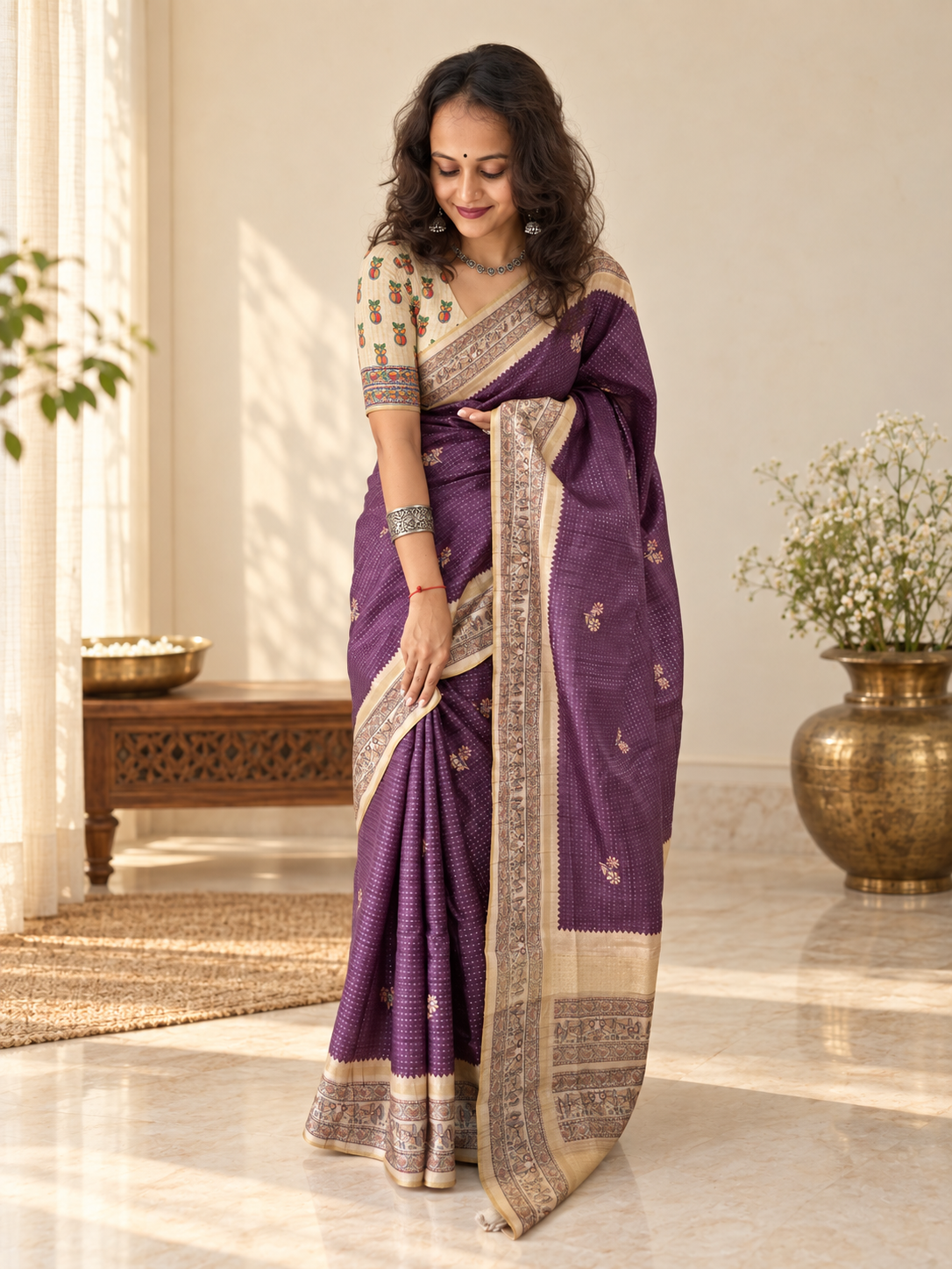 madhubani folk art mauve purple tussar silk saree