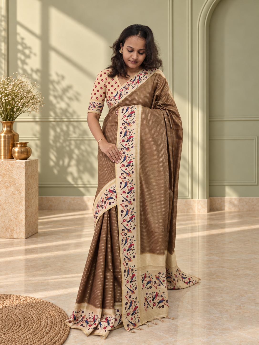 bird & floral print taupe brown tussar silk saree
