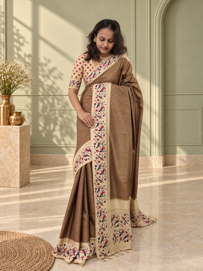 Bird & Floral Print Taupe Brown Tussar Silk Saree
