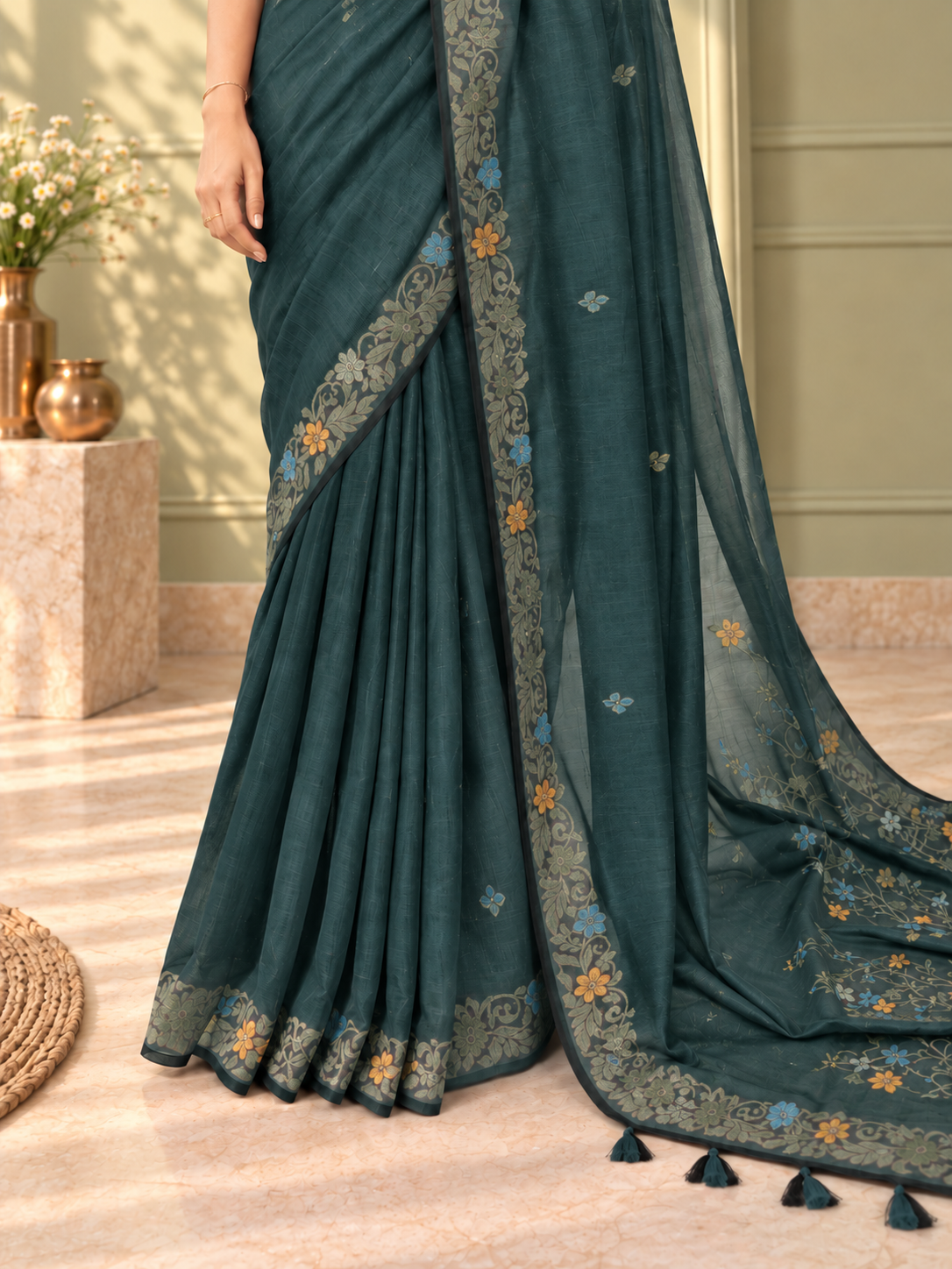 Green Cotton Handwoven Jamdani Saree with Multicolour Floral Design
